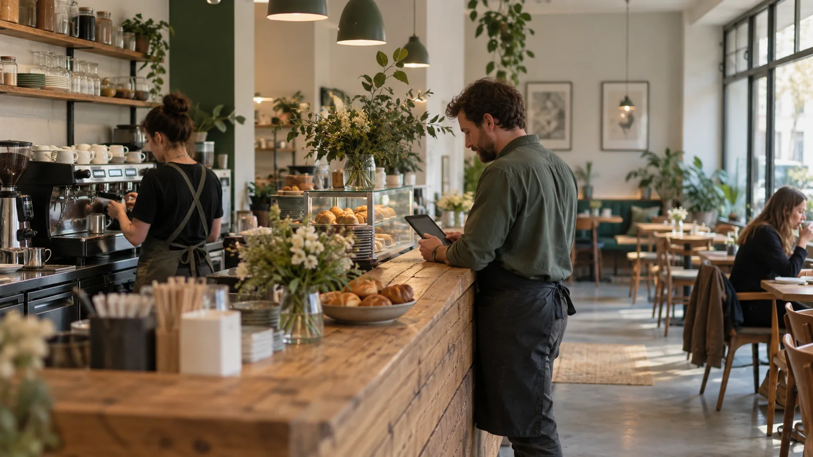 Kavárna během klidného dopoledne: barista u kávovaru a vedoucí s tabletem u pultu